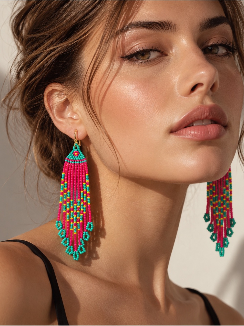 Rare Anthropologie Beaded Statement Earrings Turquoise Pink Multicolor Boho NWOT